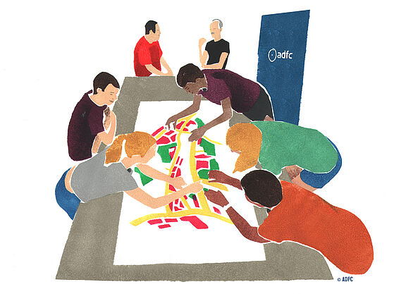 Illustration einer Gruppe an einem Tisch
